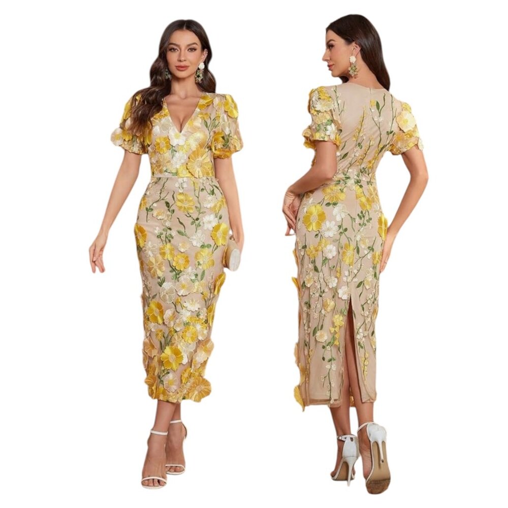 Yellow Small Floral Embroidered Mesh Dress V Neck Sheer Cottagecore Wedding Boho